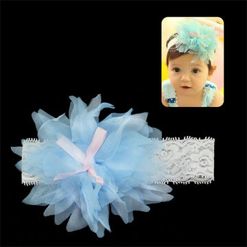 Girls White Lace Stretch Headband with Blue Flower